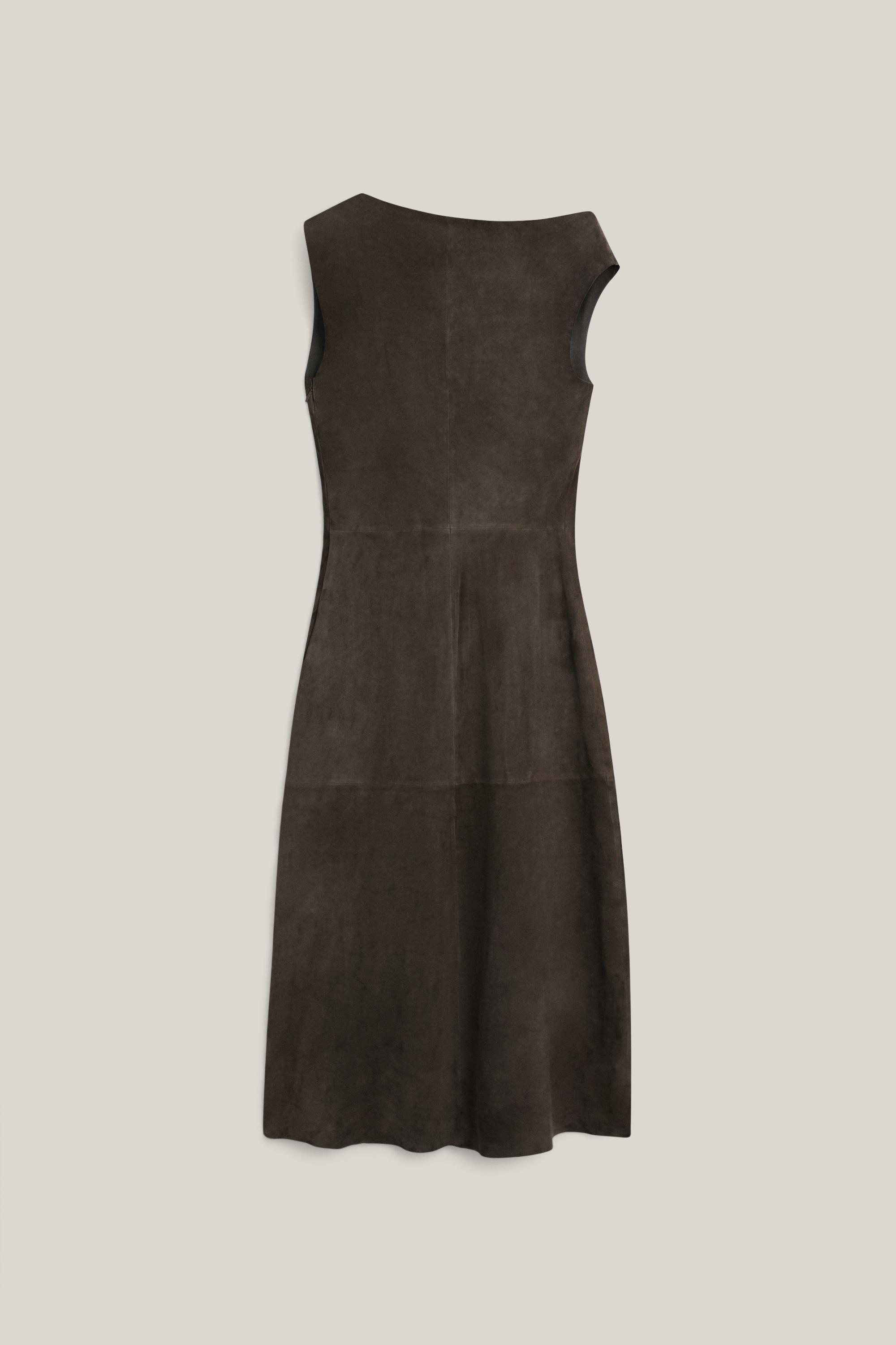Suede leather midi dress with asymmetric neckline - LIMITED EDITION